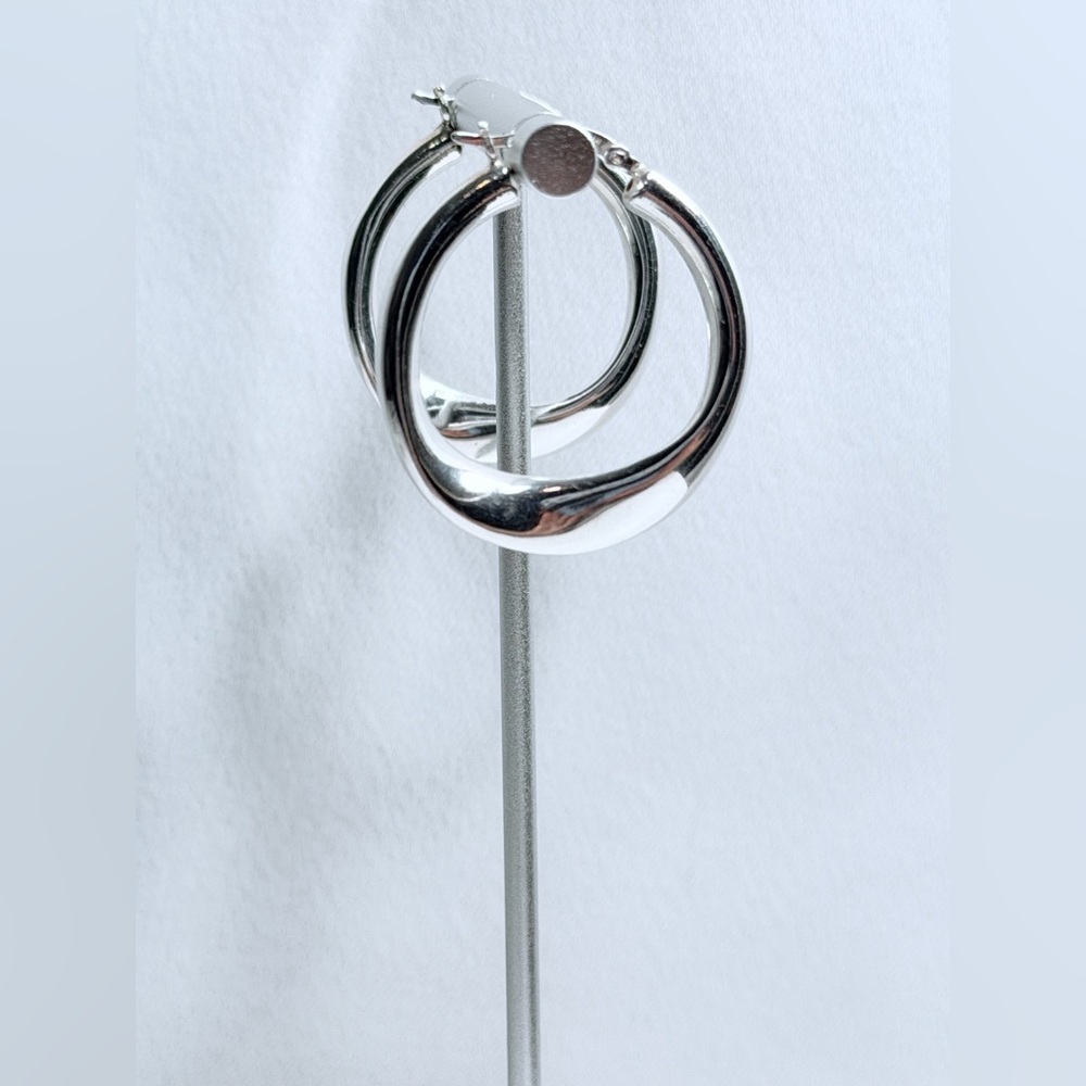 Vintage Sterling Silver Polished Medium Puffy Lopsided Hoop Earrings - Picture 4 of 16